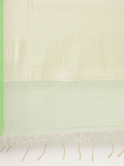 Faishana Presents Handwoven Pistachio Masrise Cotton Alfi Boota Zari Border With Pistachio Blouse Banarasi Saree