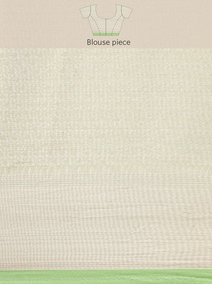 Faishana Presents Handwoven Pistachio Masrise Cotton Alfi Boota Zari Border With Pistachio Blouse Banarasi Saree
