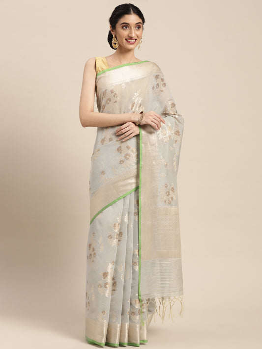Faishana Presents Handwoven Grey Masrise Cotton Alfi Boota Zari Border With Grey Blouse Banarasi Saree