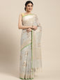 Faishana Presents Handwoven Grey Masrise Cotton Alfi Boota Zari Border With Grey Blouse Banarasi Saree