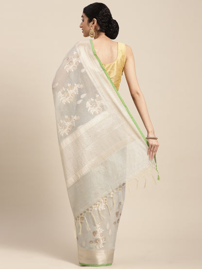 Faishana Presents Handwoven Grey Masrise Cotton Alfi Boota Zari Border With Grey Blouse Banarasi Saree