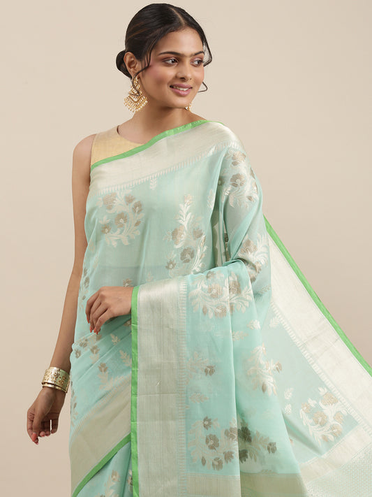 Faishana Presents Handwoven Seagreen Masrise Cotton Alfi Boota Zari Border With Seagreen Blouse Banarasi Saree