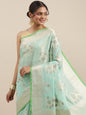 Faishana Presents Handwoven Seagreen Masrise Cotton Alfi Boota Zari Border With Seagreen Blouse Banarasi Saree