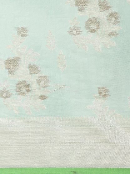 Faishana Presents Handwoven Seagreen Masrise Cotton Alfi Boota Zari Border With Seagreen Blouse Banarasi Saree