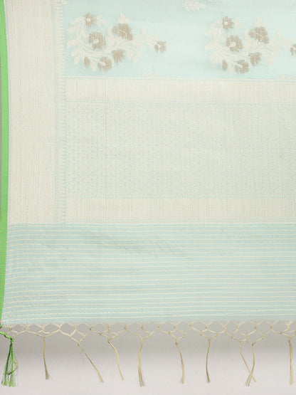 Faishana Presents Handwoven Seagreen Masrise Cotton Alfi Boota Zari Border With Seagreen Blouse Banarasi Saree