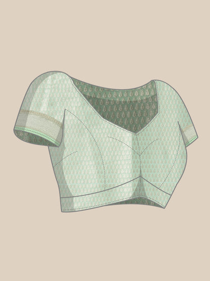 Faishana Presents Handwoven Seagreen Masrise Cotton Alfi Boota Zari Border With Seagreen Blouse Banarasi Saree