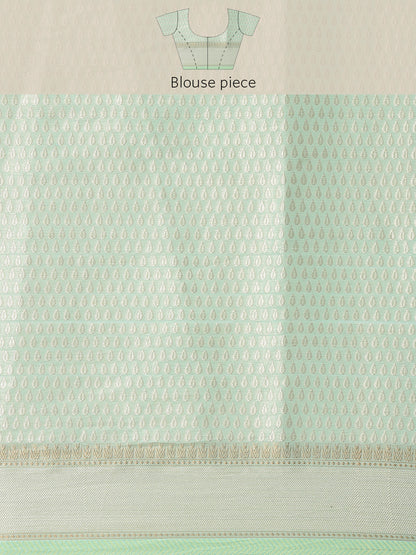Faishana Presents Handwoven Seagreen Masrise Cotton Alfi Boota Zari Border With Seagreen Blouse Banarasi Saree
