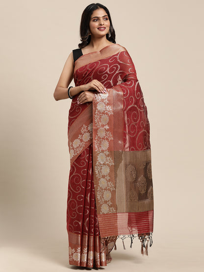Faishana Presents Handwoven Red Masrise Cotton Jaal Alfi Skirt Border With Cheeku Color Blouse Banarasi Saree