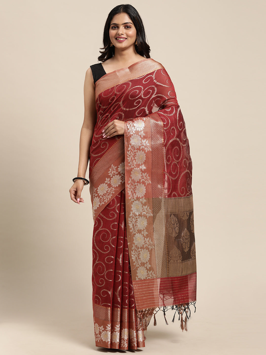 Faishana Presents Handwoven Red Masrise Cotton Jaal Alfi Skirt Border With Cheeku Color Blouse Banarasi Saree