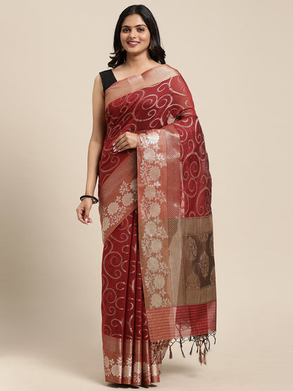 Faishana Presents Handwoven Red Masrise Cotton Jaal Alfi Skirt Border With Cheeku Color Blouse Banarasi Saree
