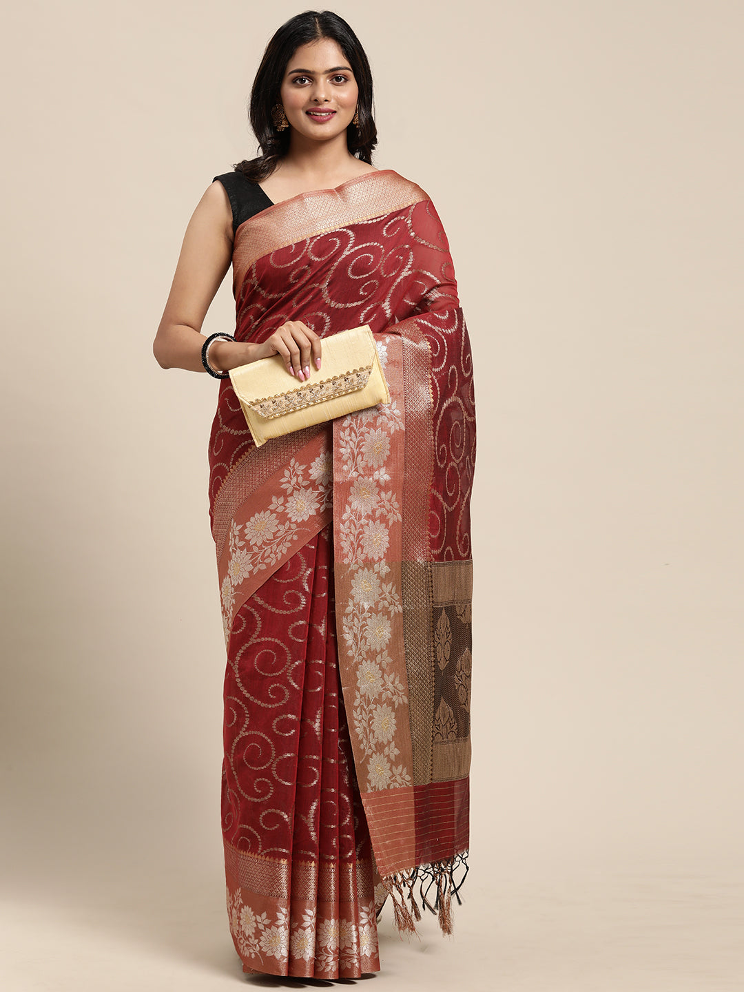 Faishana Presents Handwoven Red Masrise Cotton Jaal Alfi Skirt Border With Cheeku Color Blouse Banarasi Saree