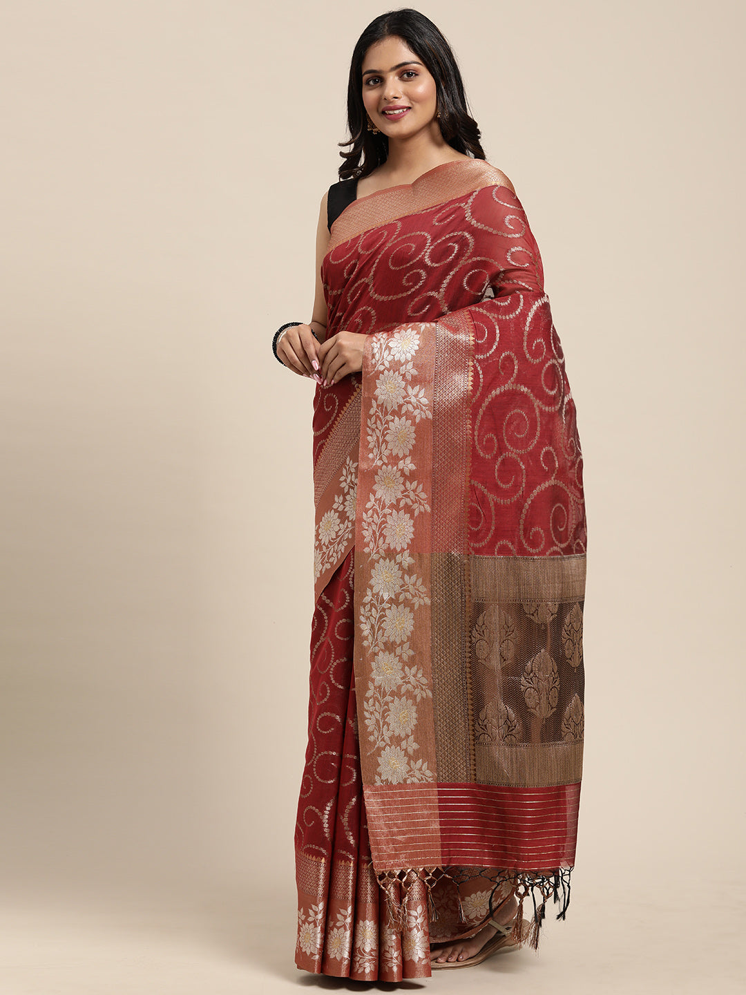 Faishana Presents Handwoven Red Masrise Cotton Jaal Alfi Skirt Border With Cheeku Color Blouse Banarasi Saree