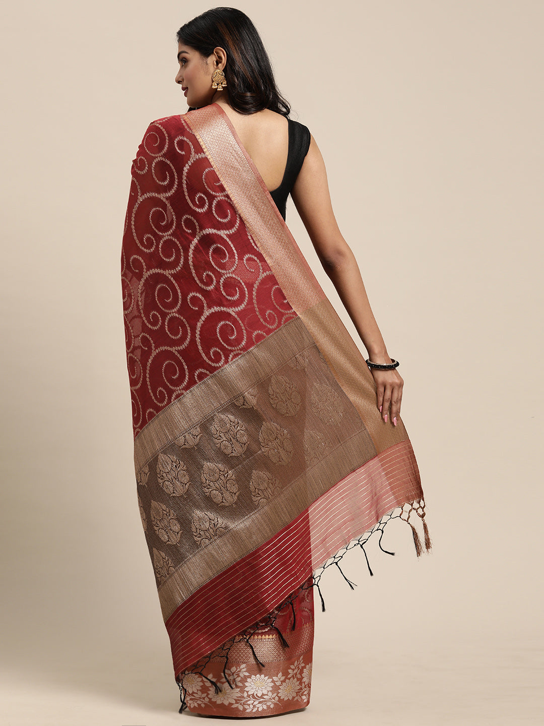 Faishana Presents Handwoven Red Masrise Cotton Jaal Alfi Skirt Border With Cheeku Color Blouse Banarasi Saree