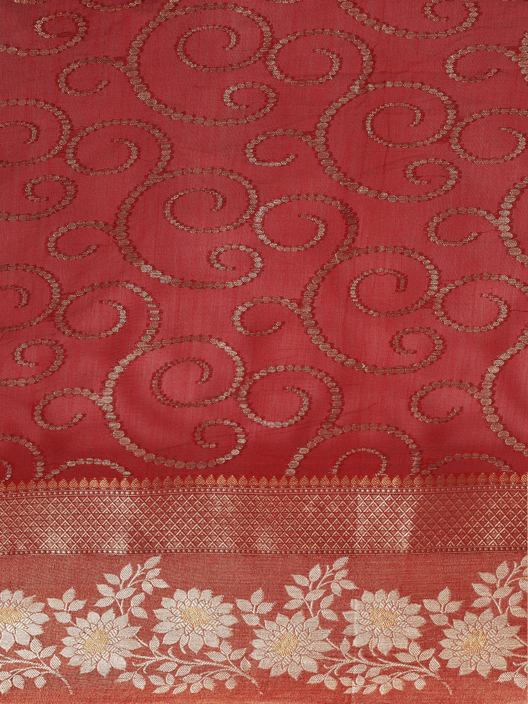 Faishana Presents Handwoven Red Masrise Cotton Jaal Alfi Skirt Border With Cheeku Color Blouse Banarasi Saree