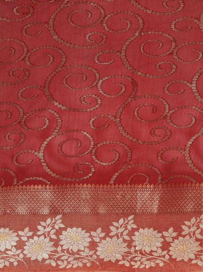 Faishana Presents Handwoven Red Masrise Cotton Jaal Alfi Skirt Border With Cheeku Color Blouse Banarasi Saree