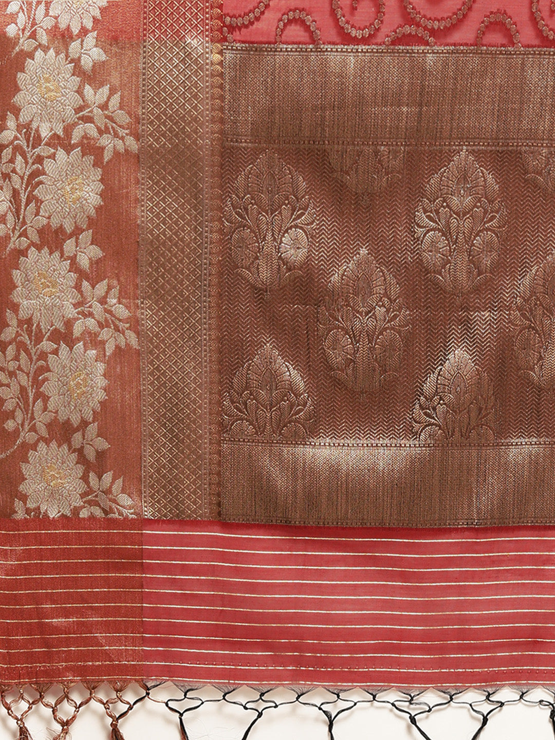 Faishana Presents Handwoven Red Masrise Cotton Jaal Alfi Skirt Border With Cheeku Color Blouse Banarasi Saree