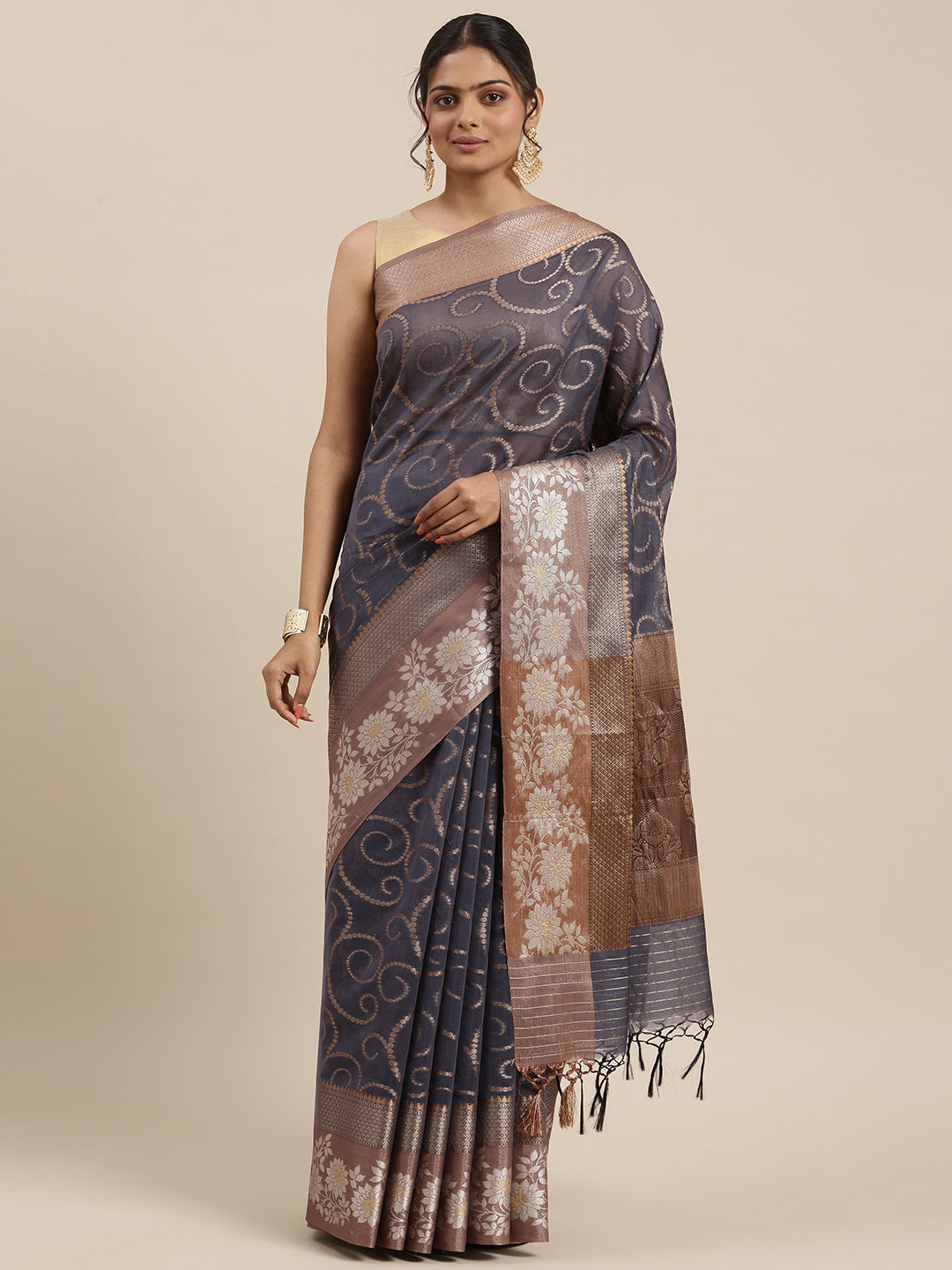 Faishana Presents Handwoven Grey Masrise Cotton Jaal Alfi Skirt Border With Cheeku Color Blouse Banarasi Saree