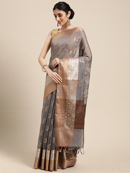 Faishana Presents Handwoven Grey Masrise Cotton Boota Skirt Border With Cheeku Color Blouse Banarasi Saree