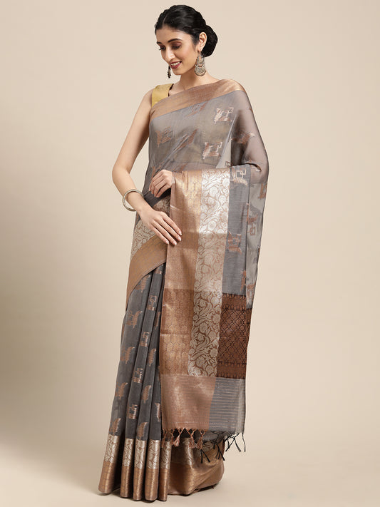 Faishana Presents Handwoven Grey Masrise Cotton Boota Skirt Border With Cheeku Color Blouse Banarasi Saree
