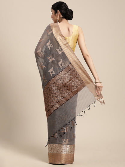 Faishana Presents Handwoven Grey Masrise Cotton Boota Skirt Border With Cheeku Color Blouse Banarasi Saree