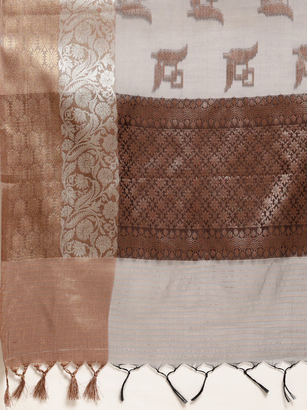 Faishana Presents Handwoven Grey Masrise Cotton Boota Skirt Border With Cheeku Color Blouse Banarasi Saree