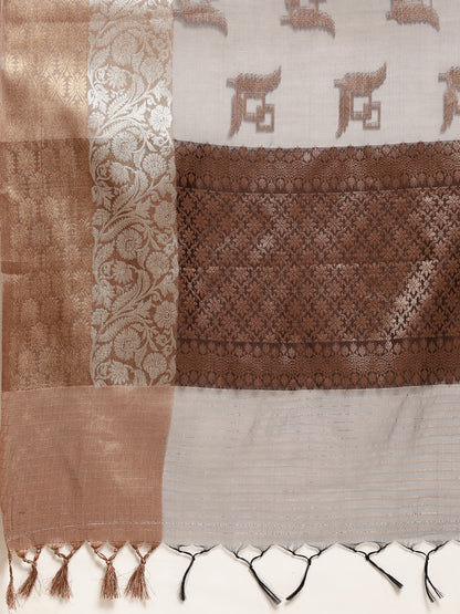 Faishana Presents Handwoven Grey Masrise Cotton Boota Skirt Border With Cheeku Color Blouse Banarasi Saree