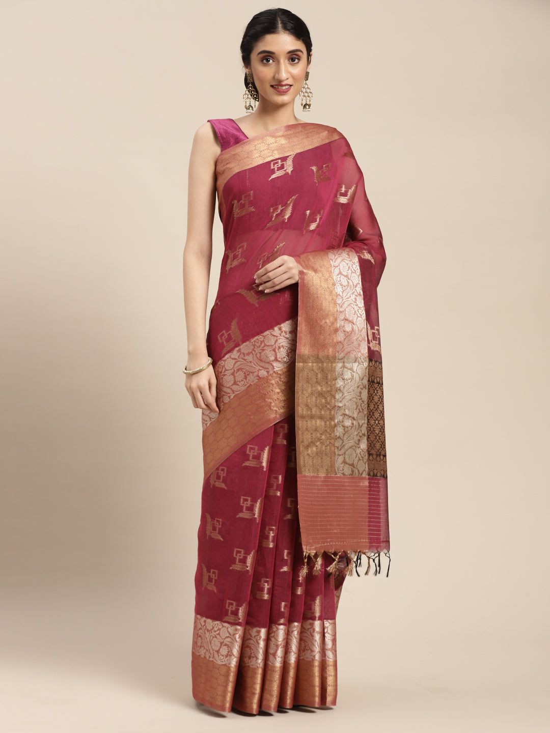 Faishana Presents Handwoven Magenta Masrise Cotton Boota Skirt Border With Cheeku Color Blouse Banarasi Saree