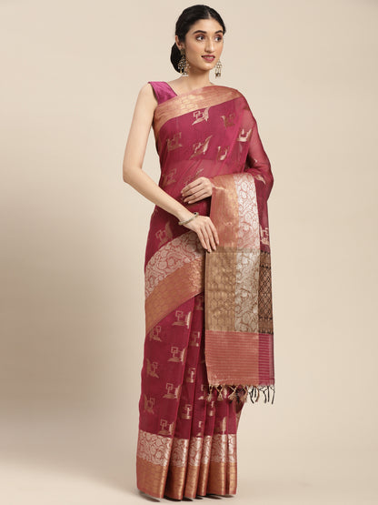 Faishana Presents Handwoven Magenta Masrise Cotton Boota Skirt Border With Cheeku Color Blouse Banarasi Saree