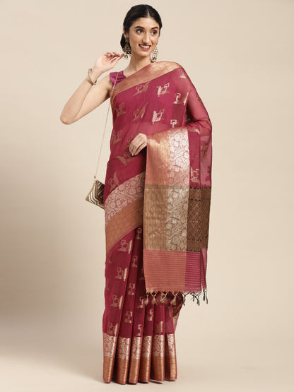 Faishana Presents Handwoven Magenta Masrise Cotton Boota Skirt Border With Cheeku Color Blouse Banarasi Saree