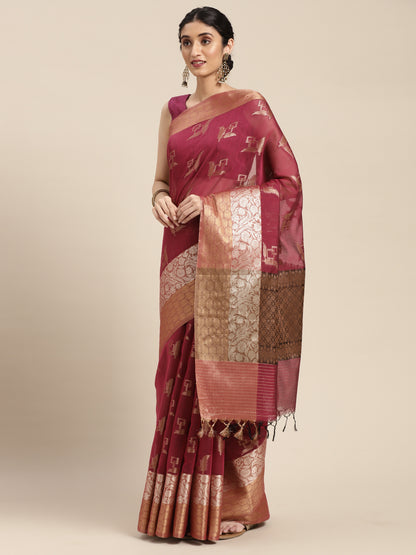 Faishana Presents Handwoven Magenta Masrise Cotton Boota Skirt Border With Cheeku Color Blouse Banarasi Saree