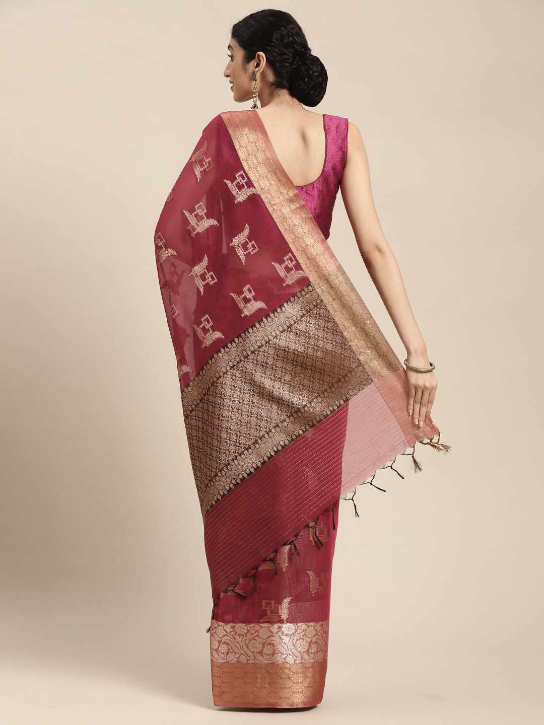 Faishana Presents Handwoven Magenta Masrise Cotton Boota Skirt Border With Cheeku Color Blouse Banarasi Saree