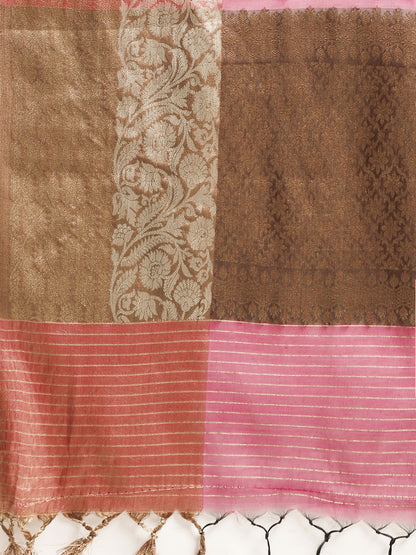 Faishana Presents Handwoven Magenta Masrise Cotton Boota Skirt Border With Cheeku Color Blouse Banarasi Saree