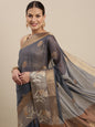 Faishana Presents Handwoven Grey Masrise Cotton Alfi Skirt Border With Brown Blouse Banarasi Saree