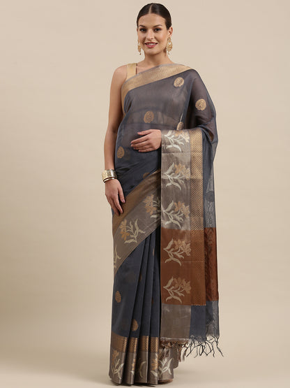 Faishana Presents Handwoven Grey Masrise Cotton Alfi Skirt Border With Brown Blouse Banarasi Saree