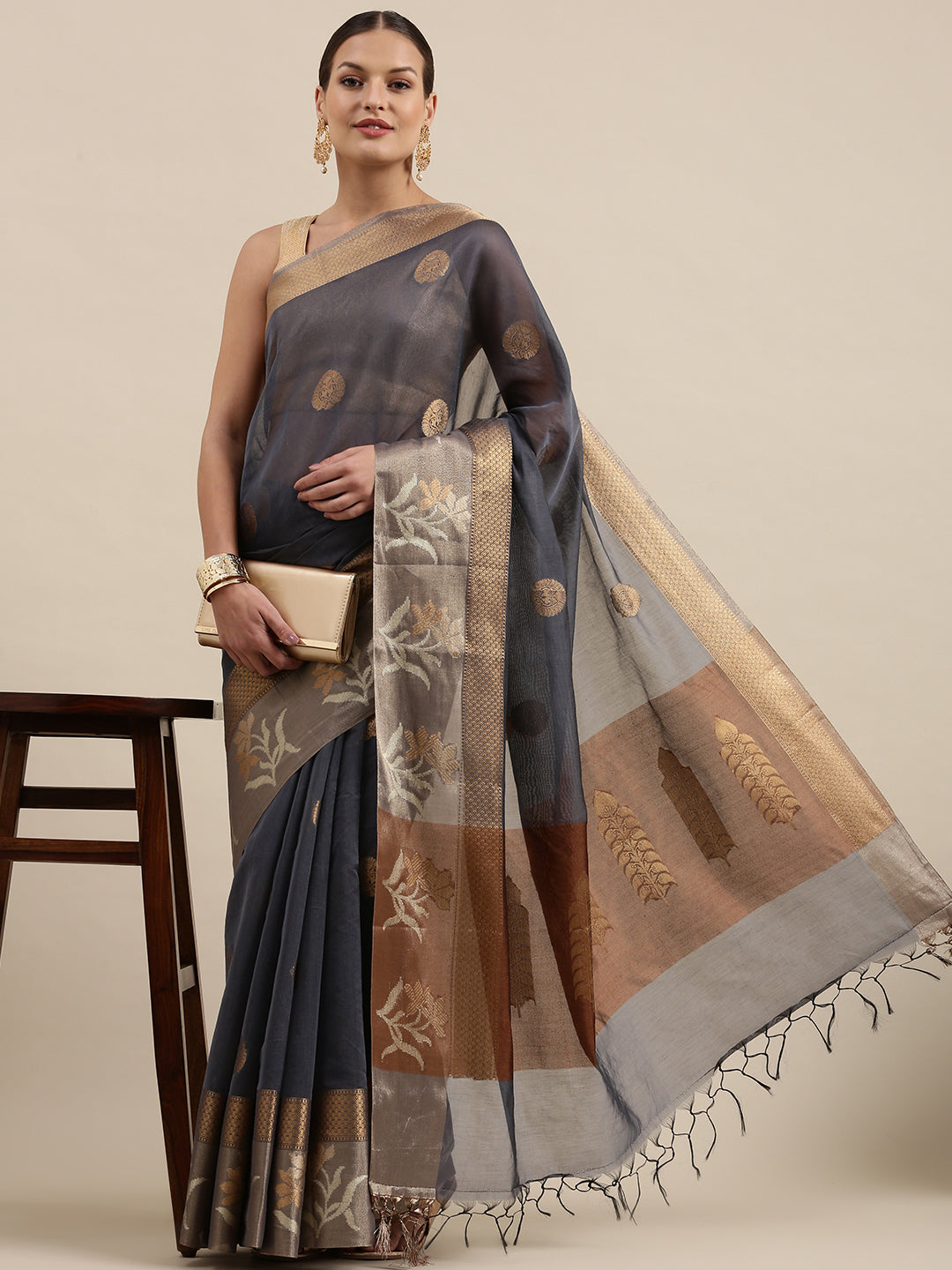 Faishana Presents Handwoven Grey Masrise Cotton Alfi Skirt Border With Brown Blouse Banarasi Saree