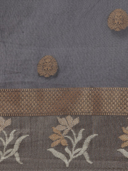 Faishana Presents Handwoven Grey Masrise Cotton Alfi Skirt Border With Brown Blouse Banarasi Saree