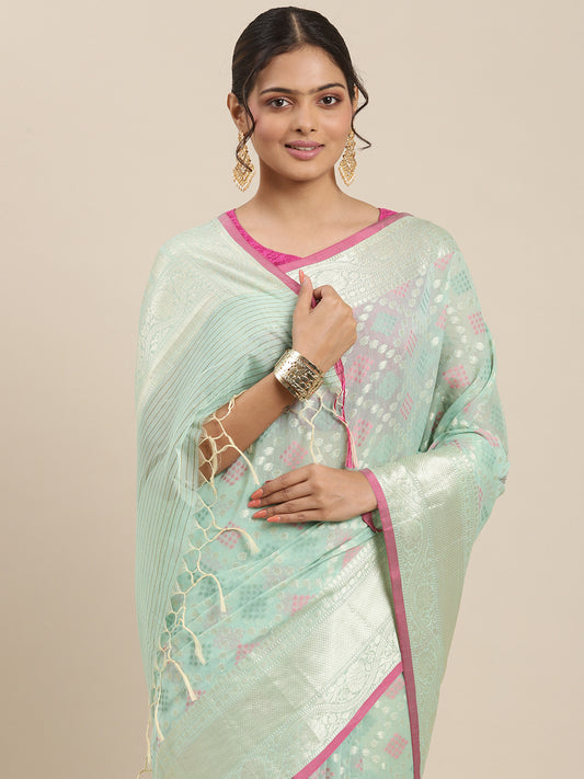 Faishana Presents Handwoven Seagreen Masrise Cotton Tilfi Jaal Skirt Border With Seagreen Blouse Banarasi Saree