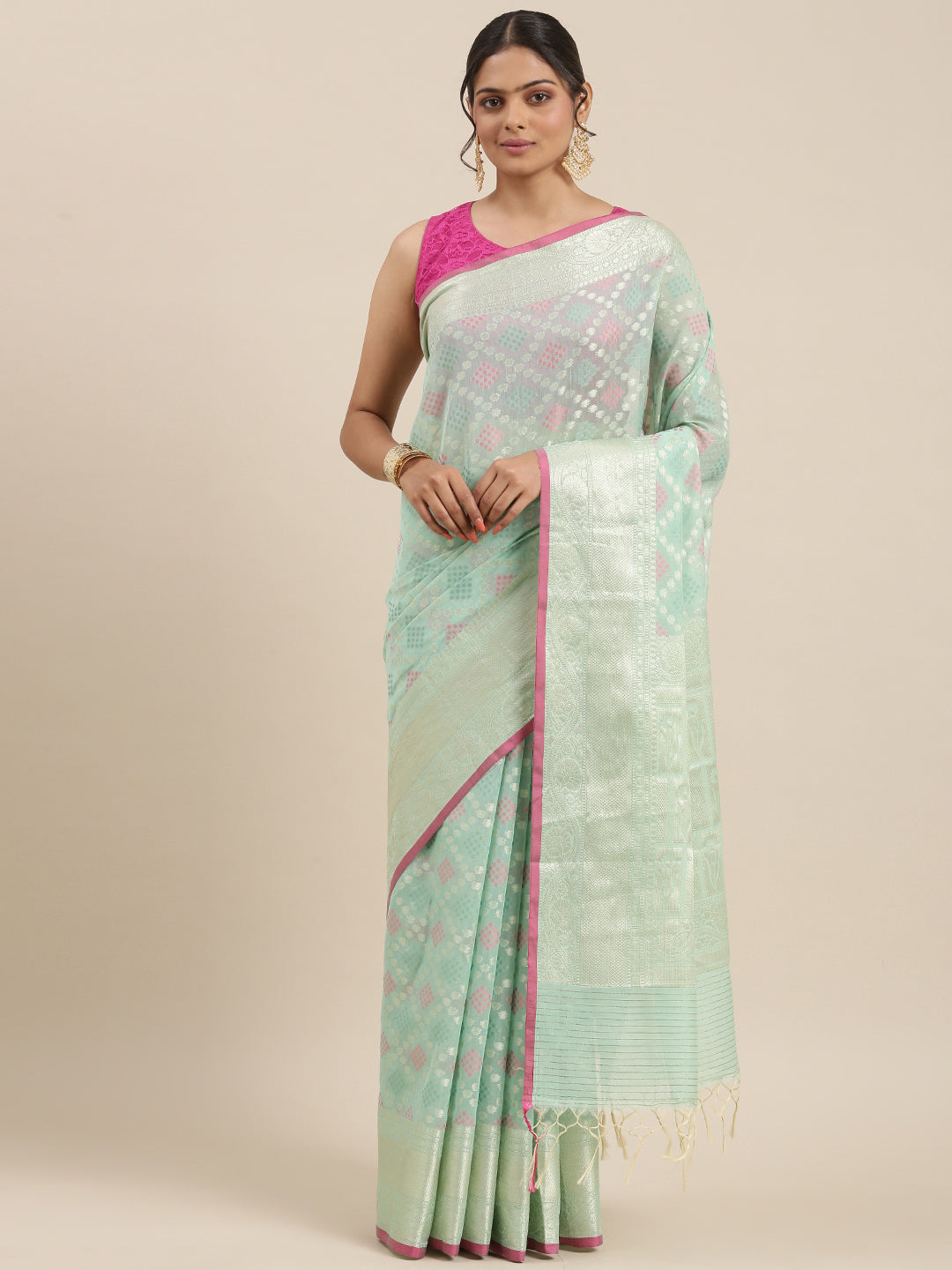 Faishana Presents Handwoven Seagreen Masrise Cotton Tilfi Jaal Skirt Border With Seagreen Blouse Banarasi Saree