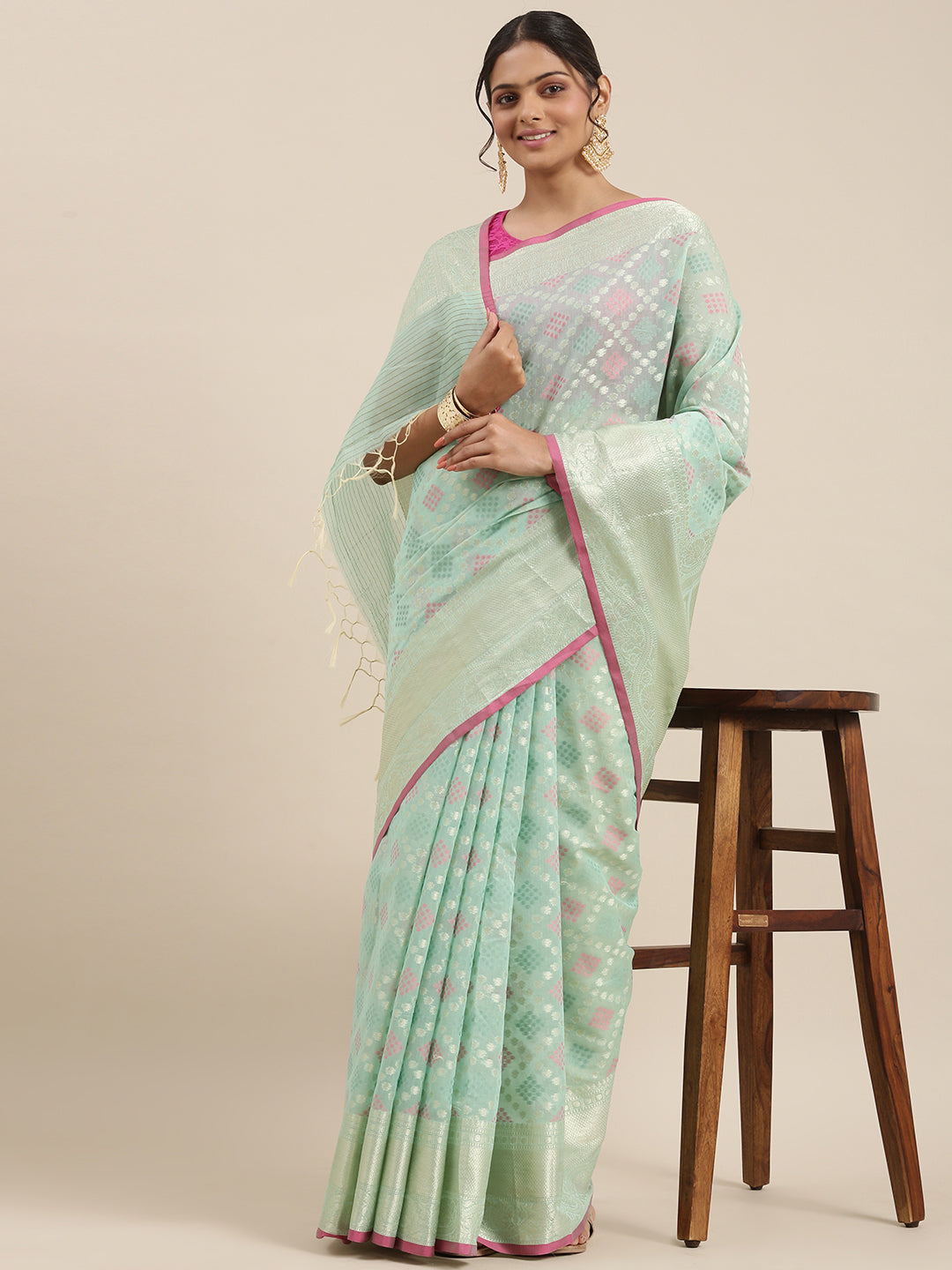 Faishana Presents Handwoven Seagreen Masrise Cotton Tilfi Jaal Skirt Border With Seagreen Blouse Banarasi Saree