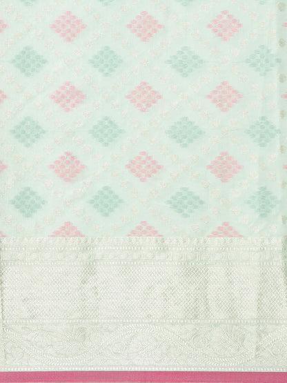 Faishana Presents Handwoven Seagreen Masrise Cotton Tilfi Jaal Skirt Border With Seagreen Blouse Banarasi Saree