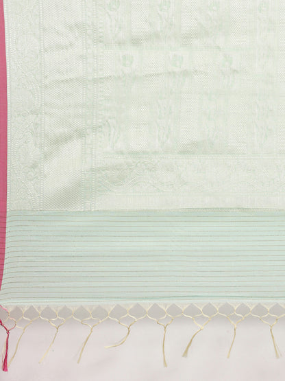 Faishana Presents Handwoven Seagreen Masrise Cotton Tilfi Jaal Skirt Border With Seagreen Blouse Banarasi Saree