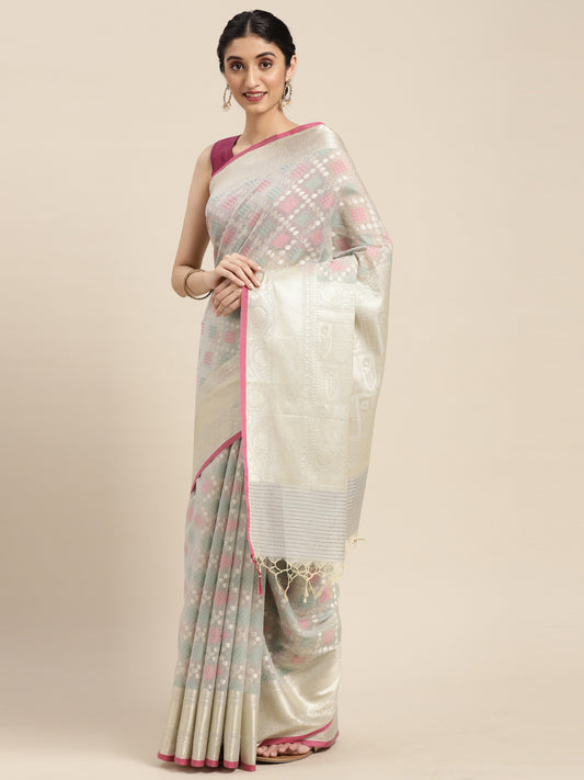 Faishana Presents Handwoven Grey Masrise Cotton Tilfi Jaal Skirt Border With Grey Blouse Banarasi Saree