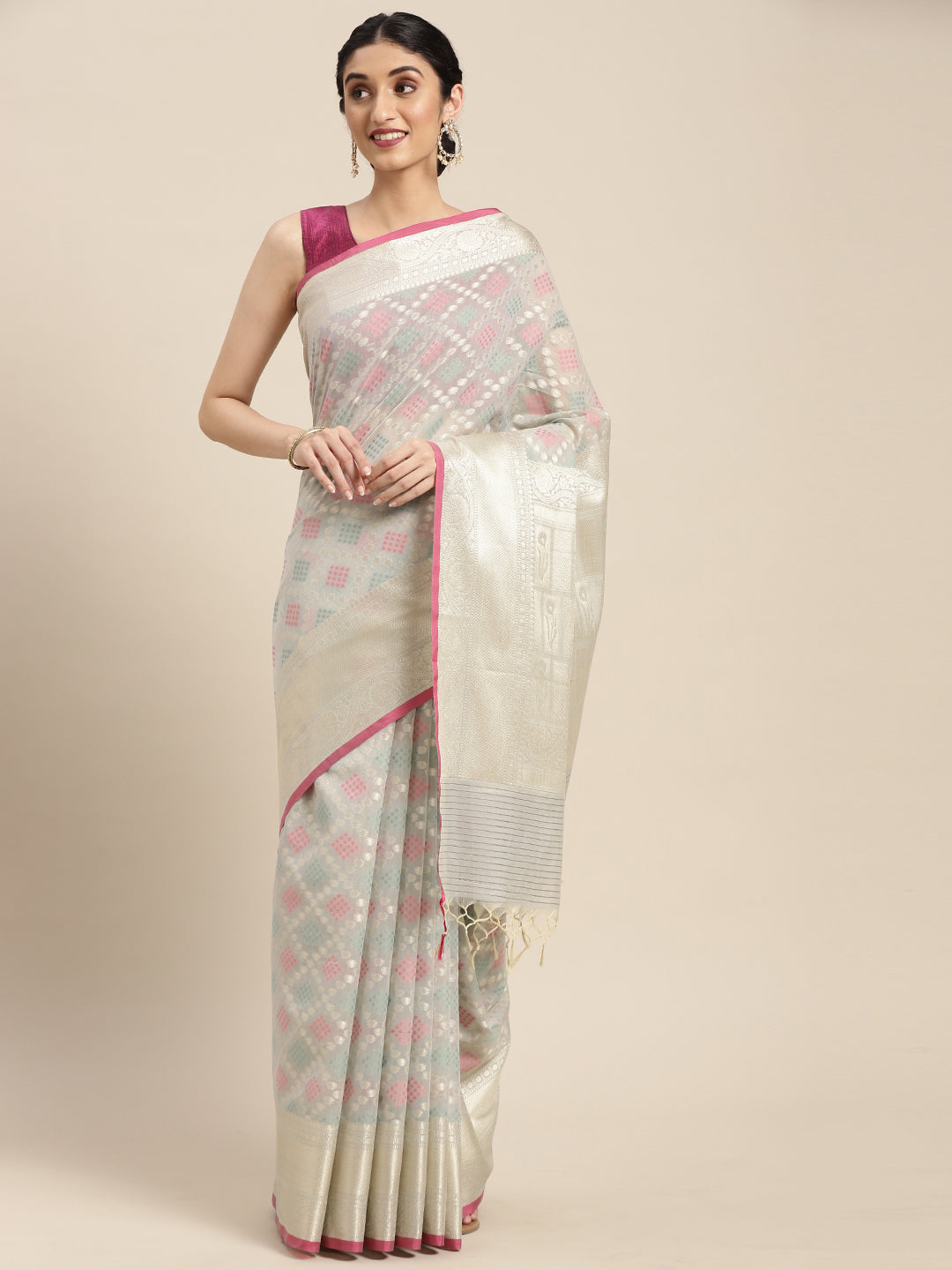 Faishana Presents Handwoven Grey Masrise Cotton Tilfi Jaal Skirt Border With Grey Blouse Banarasi Saree