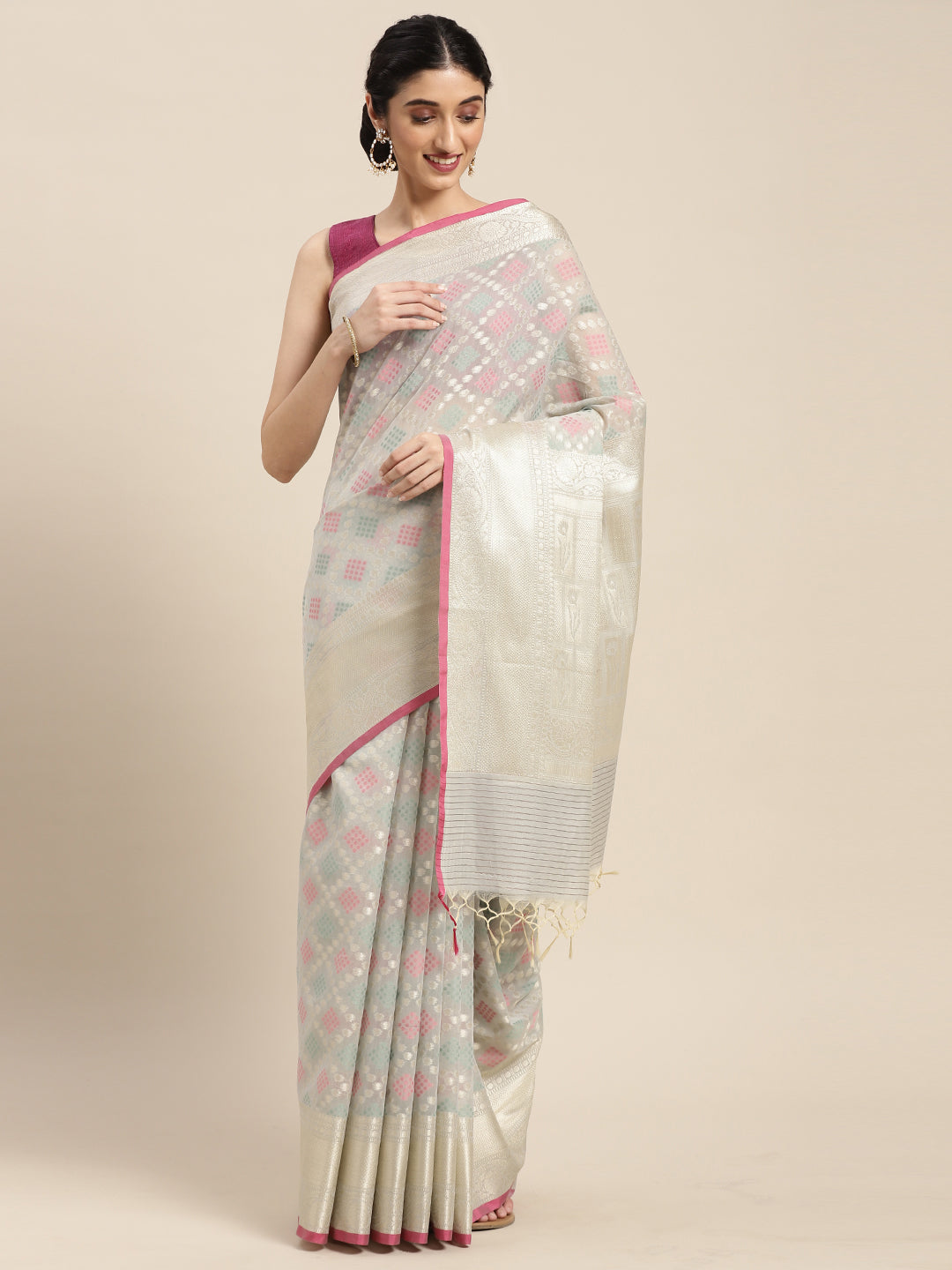 Faishana Presents Handwoven Grey Masrise Cotton Tilfi Jaal Skirt Border With Grey Blouse Banarasi Saree