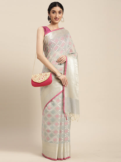 Faishana Presents Handwoven Grey Masrise Cotton Tilfi Jaal Skirt Border With Grey Blouse Banarasi Saree