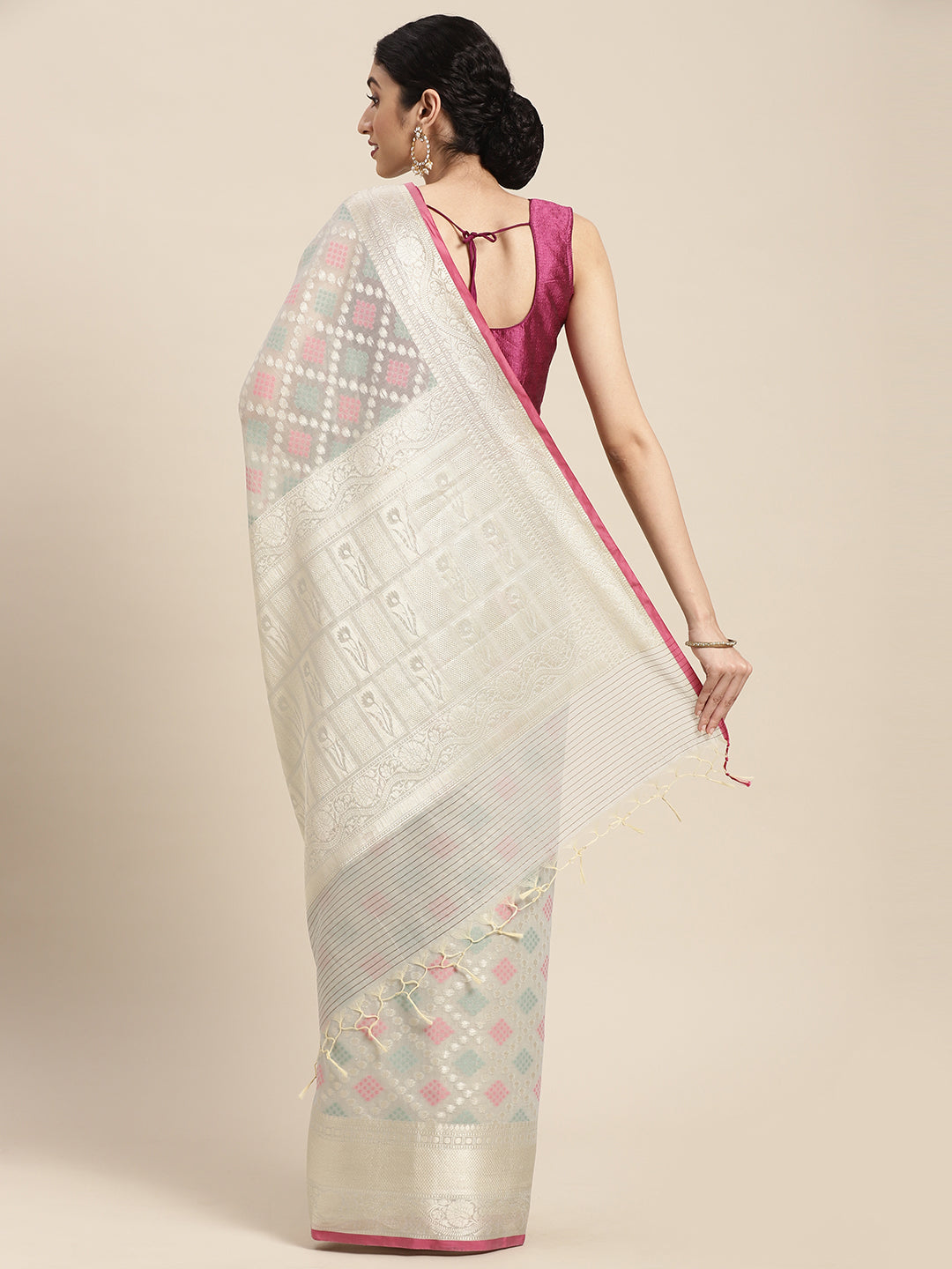 Faishana Presents Handwoven Grey Masrise Cotton Tilfi Jaal Skirt Border With Grey Blouse Banarasi Saree