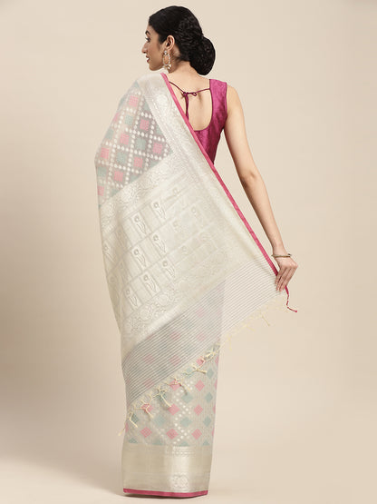 Faishana Presents Handwoven Grey Masrise Cotton Tilfi Jaal Skirt Border With Grey Blouse Banarasi Saree