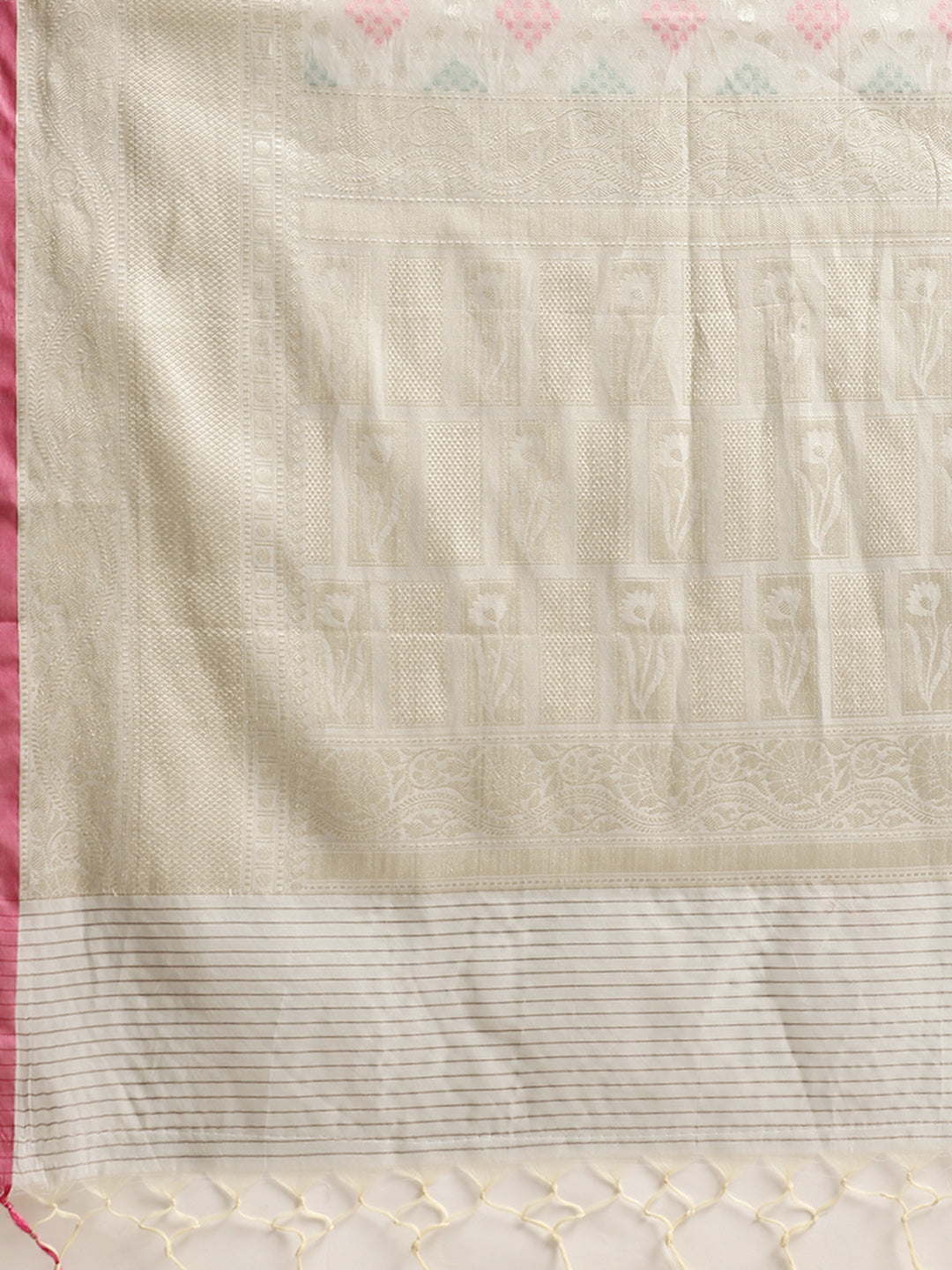 Faishana Presents Handwoven Grey Masrise Cotton Tilfi Jaal Skirt Border With Grey Blouse Banarasi Saree