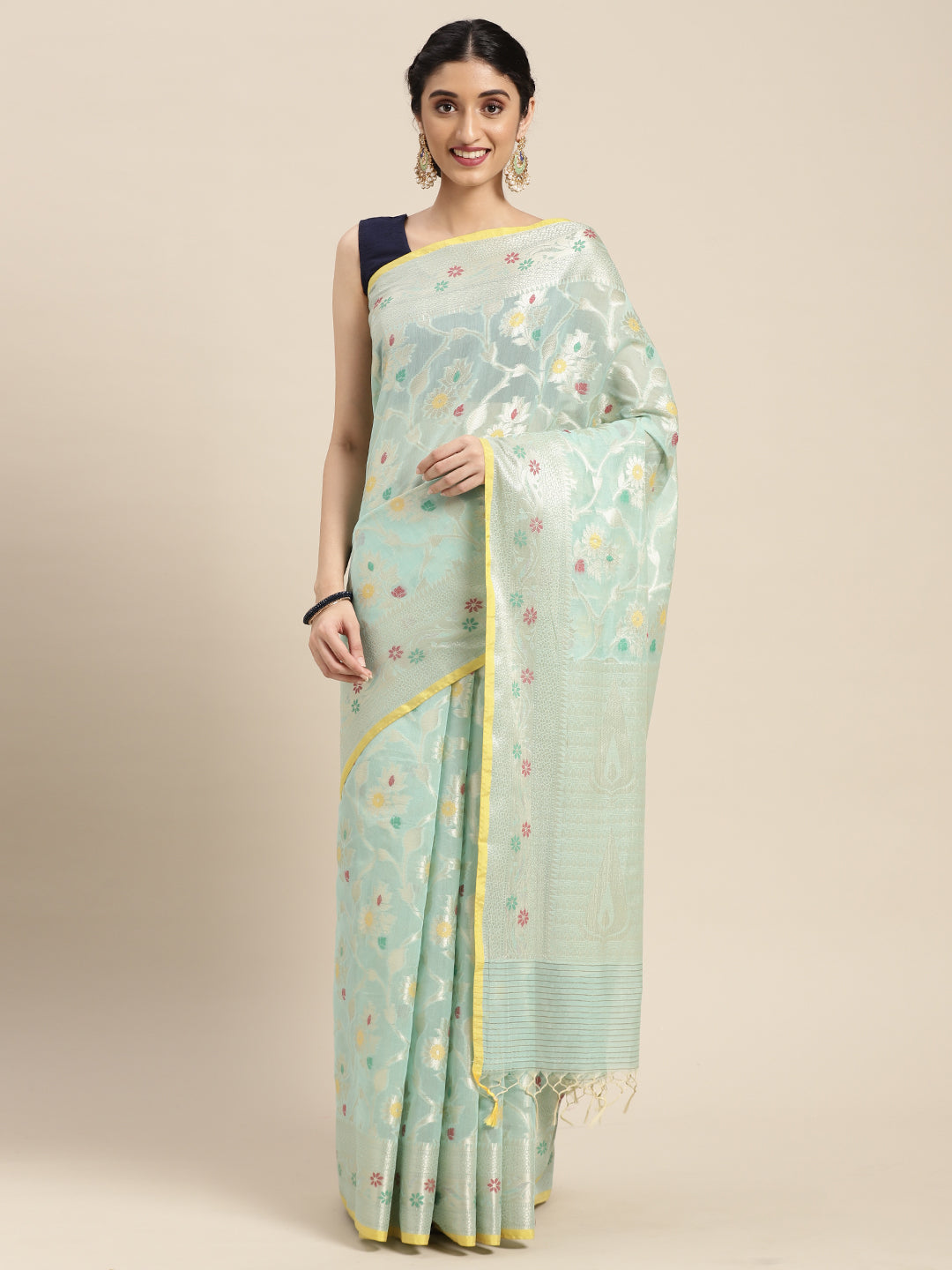 Faishana Presents Handwoven Seagreen Masrise Cotton Tilfi Jaal Skirt Border With Seagreen Blouse Banarasi Saree