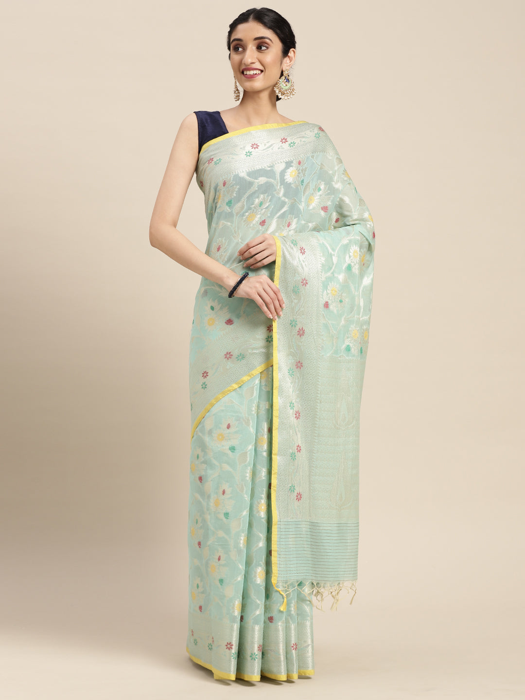 Faishana Presents Handwoven Seagreen Masrise Cotton Tilfi Jaal Skirt Border With Seagreen Blouse Banarasi Saree